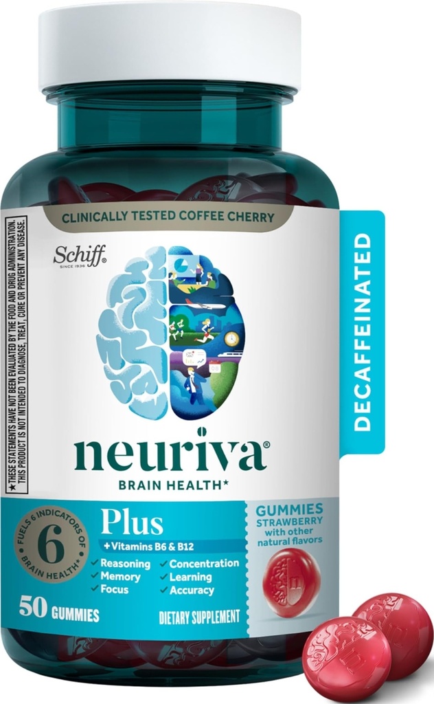 NEURIVA Plus doplnok mozgu pre pamäť, Focus & Concentration+Kognitívne funkcie s vitamínmi B6 & B12 a klinicky testovanými nootropnými látkami Fosfatidylserín a neurofaktor, 50ct Jahodové Gummy