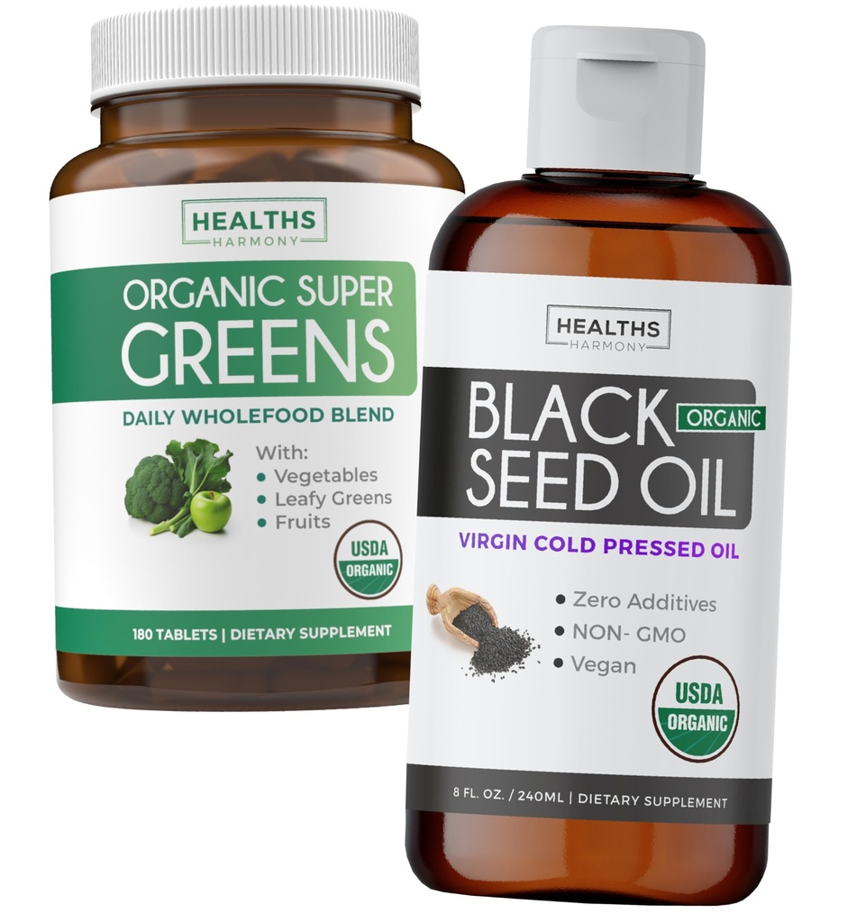 Super Greens & Black Seed Oil (3-Month Supply) Herbal Oil Bundle of Organic Super Greends Powder - Complete Superfood (180 Kapsule) & Organic Black Seed Oil Liquid - Za studena lisované (8 fl oz)