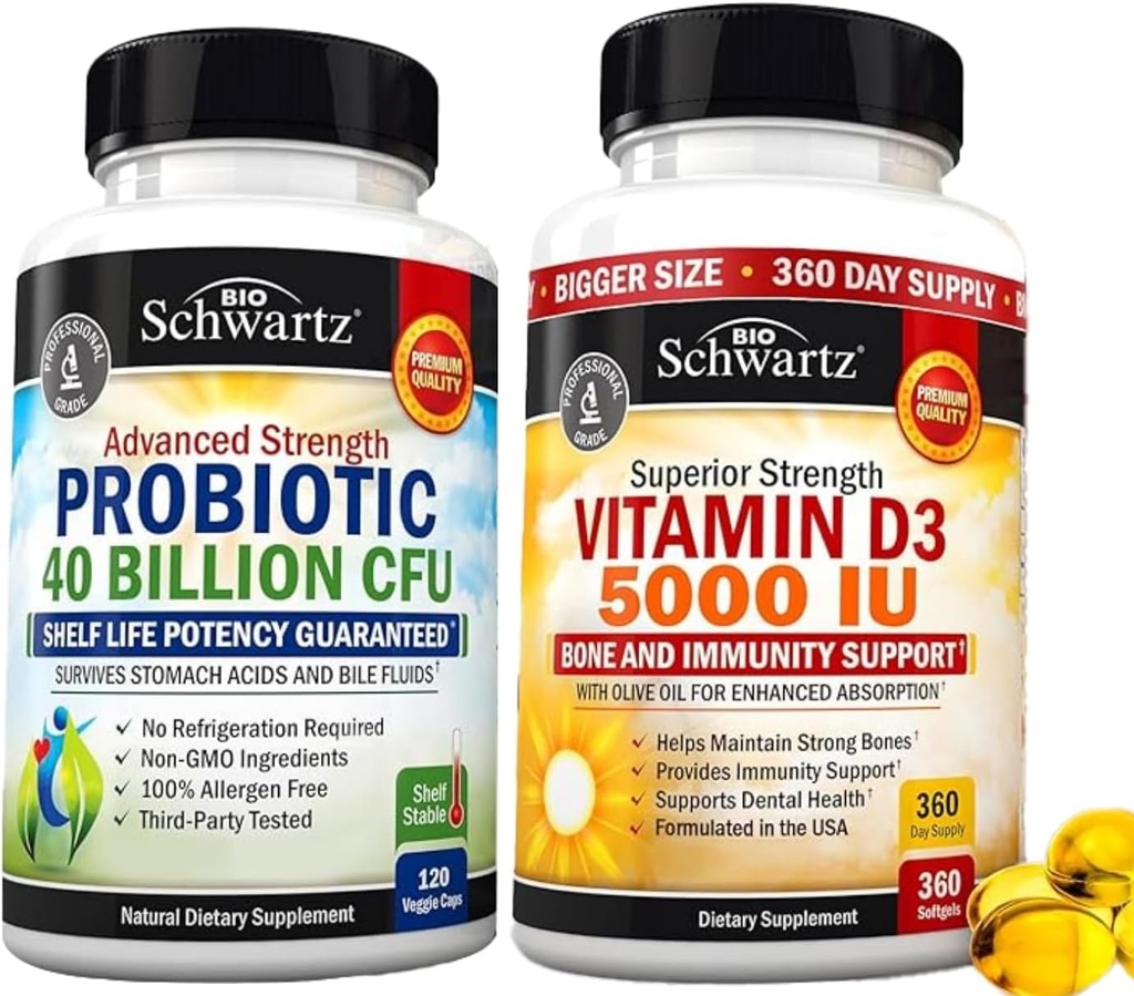 Vysoká sila Vitamín D3 5000 IU 125 μg (1 rok dodávky) Plus 40 miliárd CFU denne Probiotické doplnky (2 mesiace dodávky)