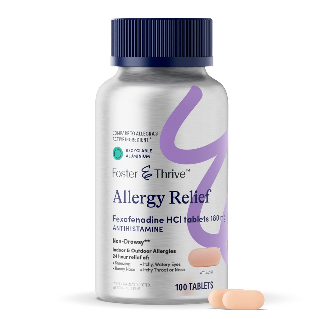 Foster & Thrive Fexofenadín HCl Non Drowsy Alergy Relief for Hay Fever, Pollen, Svrbiace oči, a sezónne alergie, Efektívna podpora pre deti a dospelých, 180 mg, 100 tabliet