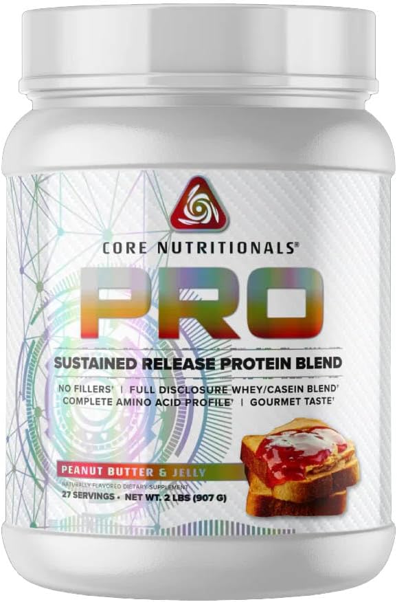 Core Nutritionals Pro Trvalé uvoľňovanie Bielkoviny Blend, Digestive Enzyme Blend, 25G Protein, 2G Carb, 27 Servings (Peanut Butter and Jelly)