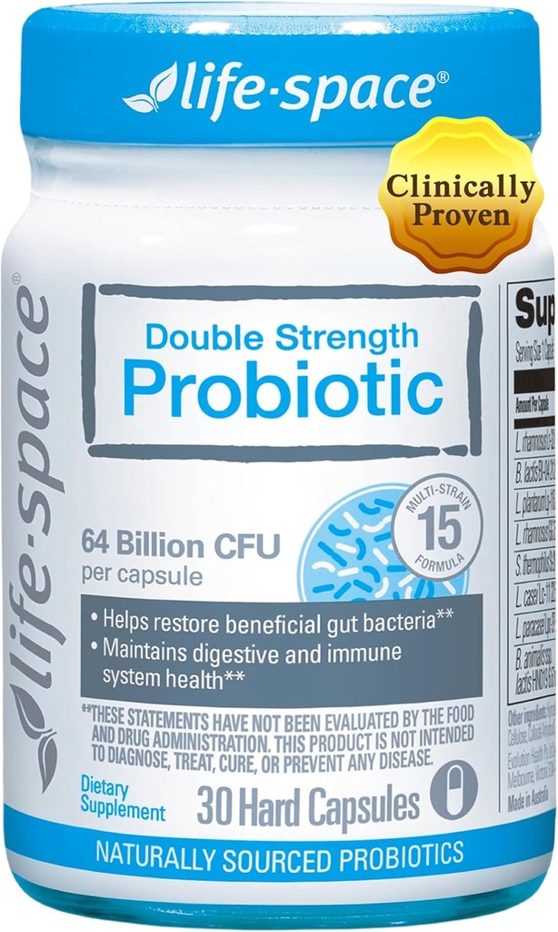 Life-Space Double Strength Broad Spectrum Probiotic, 64 miliárd CFU & 15 Diverse Kmene, Zdvojené Formulované pre Tráviace zdravie a imunitné zdravie, Probiotiká pre ženy a mužov - 30 Veg Kapsule