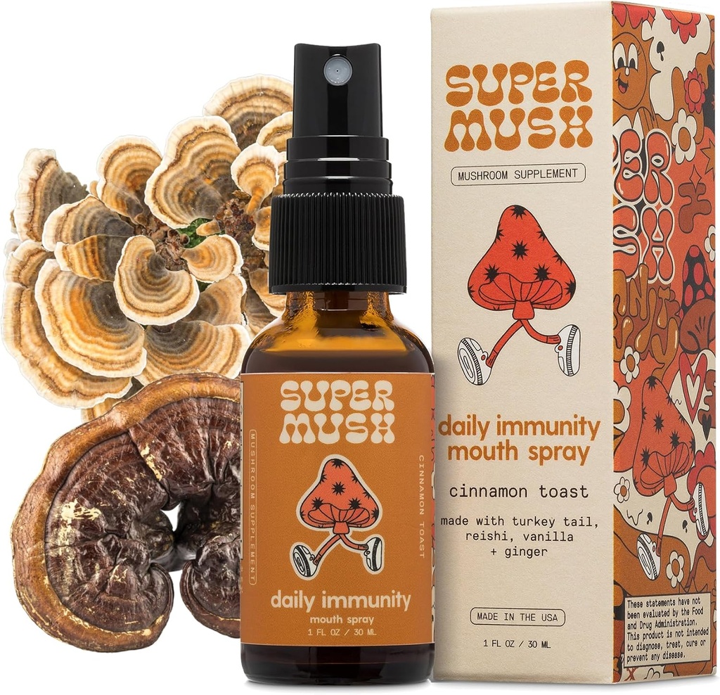 SuperMush Daily Imunity Mouth Spray Organic - Huba Imunity Spray Doplnky - Turecko Tail & Reishi Mixed Huby Extract - Immune & Digestive Health Support - 30ml Pure & Organic Turkey chvost