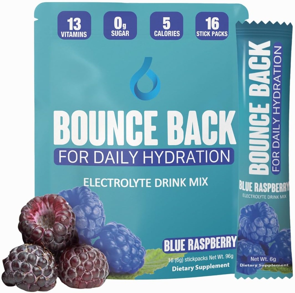 Bounce späť Denná hydratácia - 13 Essential Vitamíny, Zero Sugar Electrolyte Pakety - 5 Kalórie, Organické - Keto a Intermitent Friendly 