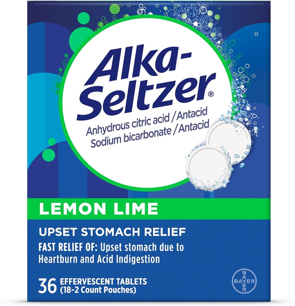 Alka-Seltzer Lemon Lime Heartburn Relief tablets, Fast acid Ind Gardance Relief, Antacidum s citrónovou limetkou Flavor 36 Ct