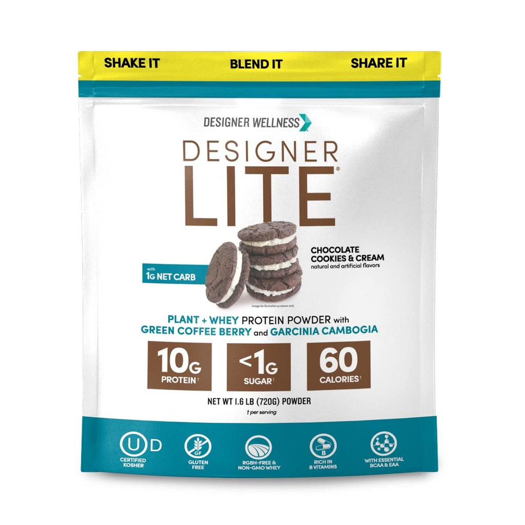 Designer Wellness, Designer Lite, Nízke kalórií Natural Protein, Prebiotické Fiber, Kľúčové vitamíny a minerály, Čokoládové Cookies & Cream, 25.6 Ounces
