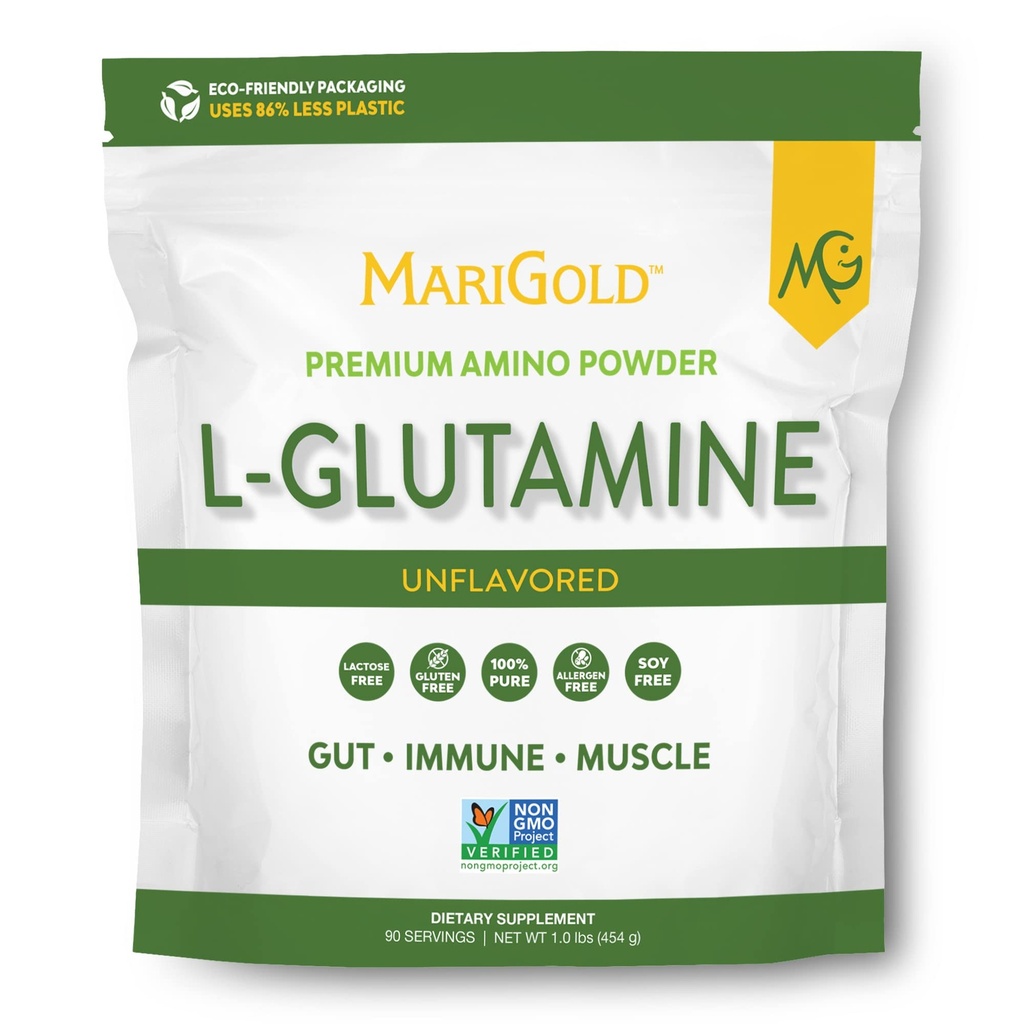 MariGold Pure Unflavred L-Glutamine Powder - Zdravá Gut, Immune, a svalová podpora, non-GMO, Gluten Free, Soy & Allergen Free (5g / 5000mg per Serving)