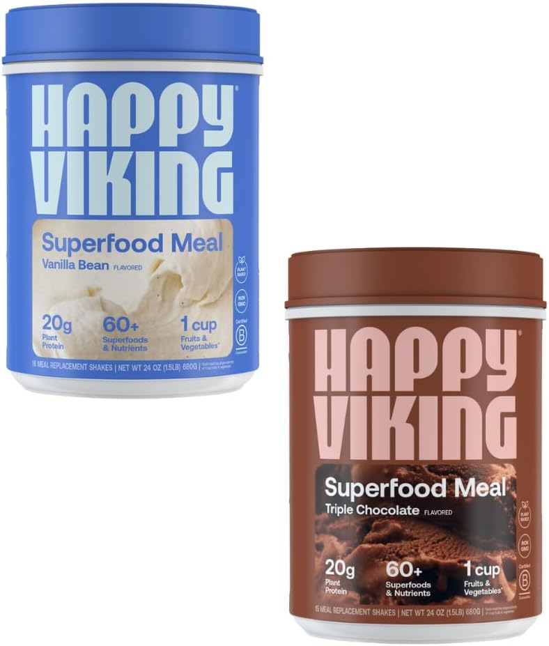 Happy Viking Vanilla and Chocolate Protein Powder, by Venus Williams, 20G Protein, Low Carb, Keto, Vegan, Gluten-Free, Superfoods, Complete Meal Replacement, 2 kanistre (24 oz. Každý)