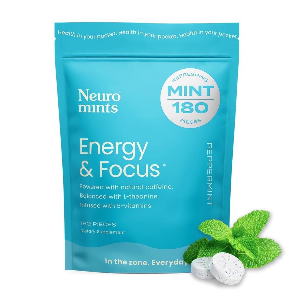 NeuroGum Energy Kofeínové mäty (180 kusov) - bez cukru s L-teanínom + prírodným kofeínom + vitamín B12 & B6 - Nootropné energetické a fokusové doplnky pre ženy a mužov - Keto & Vegan, Peppermint Flavor