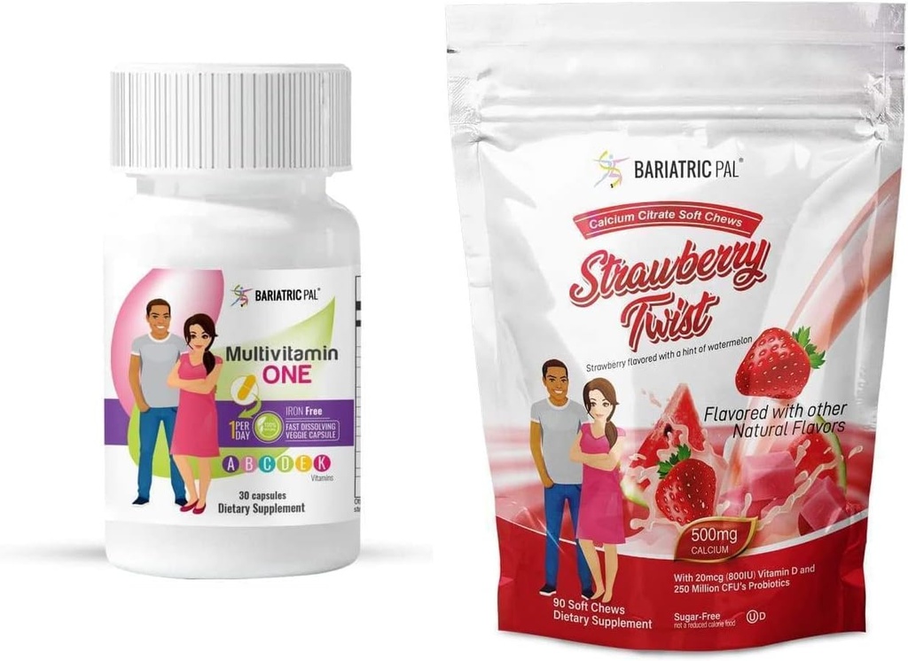 BariatricPal Duodenal Switch Kompletný 30-dňový prísun vitamínového balenia (Iron-Free Capsule Calcium Citrate Soft Chews with Probiotics - Strawberry Twist)