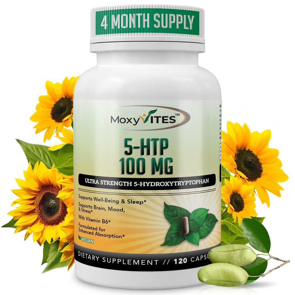 MoxyVites 5HTP 100mg Supplement, Plus B6, 5 HTP Organic celé jedlo - Najlepšie serotonínové booster - Non-GMO, 120 Vegánske kapsuly