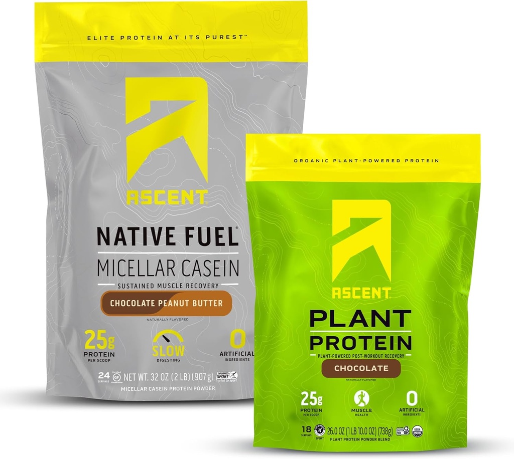 Ascent Casein Protein prášok Čokoláda Arašidové maslo 2 lb & Plant Protein prášok Čokoláda 18 Servis