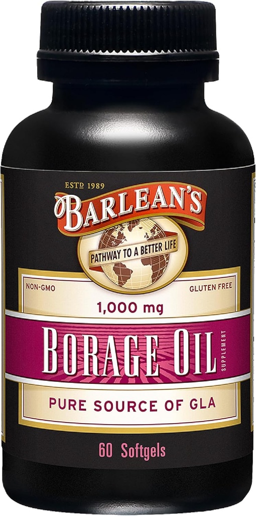 Barlean N's Borage Oil Supplements, Cold Pressed Pure Borage Seed Oil Supplement Softgels for Men and Women, 1000 mg GLA Mastné kyseliny, 60 Počet