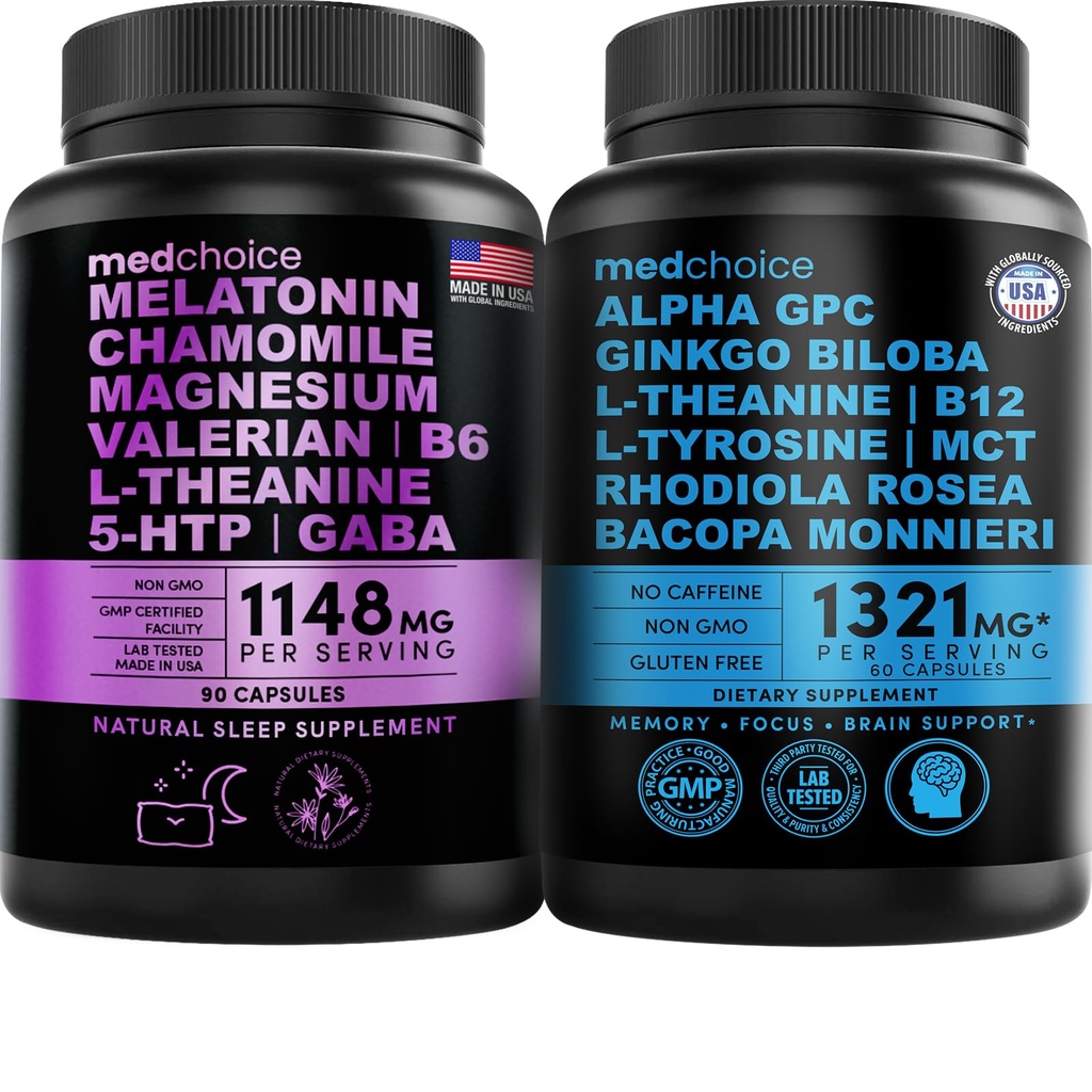 MEDCHOICE spánkový melatonín (90ct) a nootropný mozog (60ct) doplnok Bundle - Wellness Duo pre spánok, mozog, zameranie, a podpora nálady - Vegan, non-GMO, Gluten-free