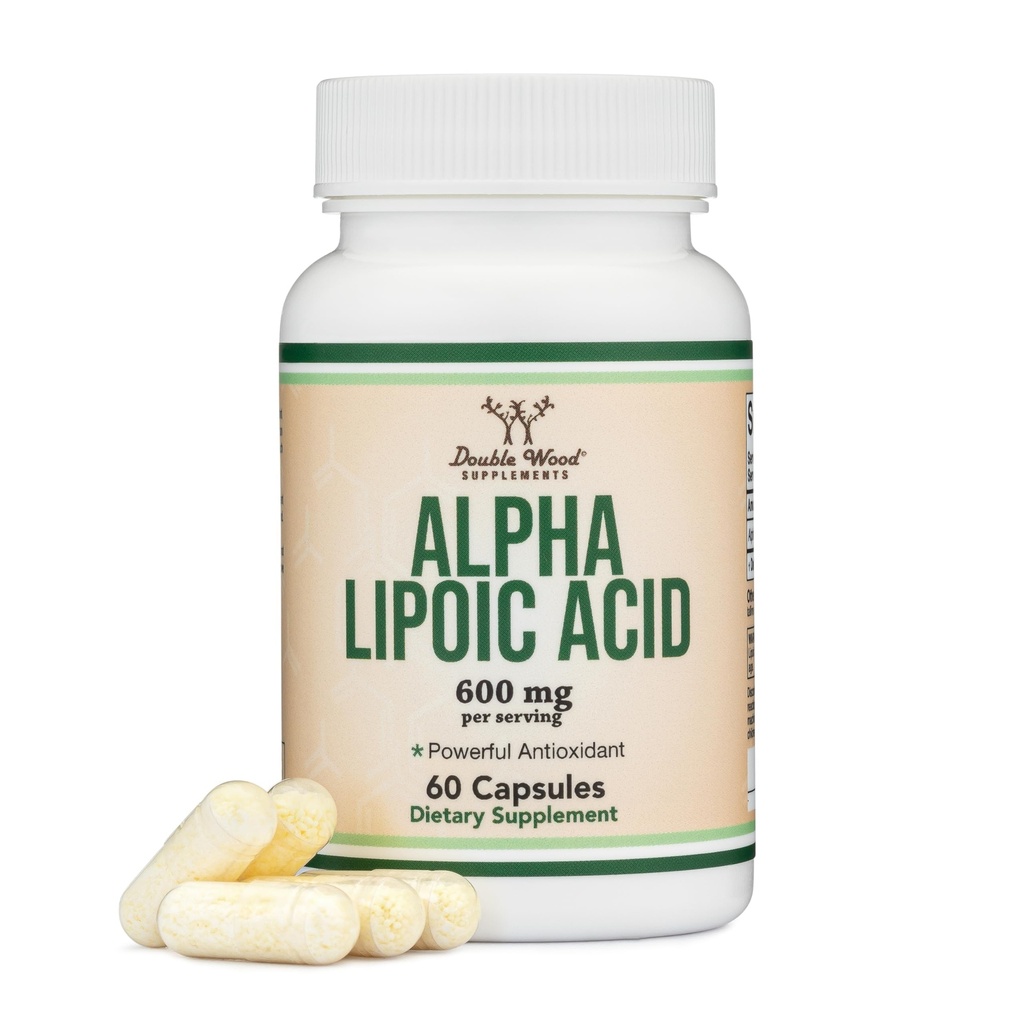 Alpha Lipoic Acid 600mg per Serving, 60 Kapsule (Tretia strana testované, non-GMO, Gluten Free, Vegan Safe) Silný antioxidant pre neuropatiu a kardiovaskulárne zdravie (ALA Supplement) by Double Wood