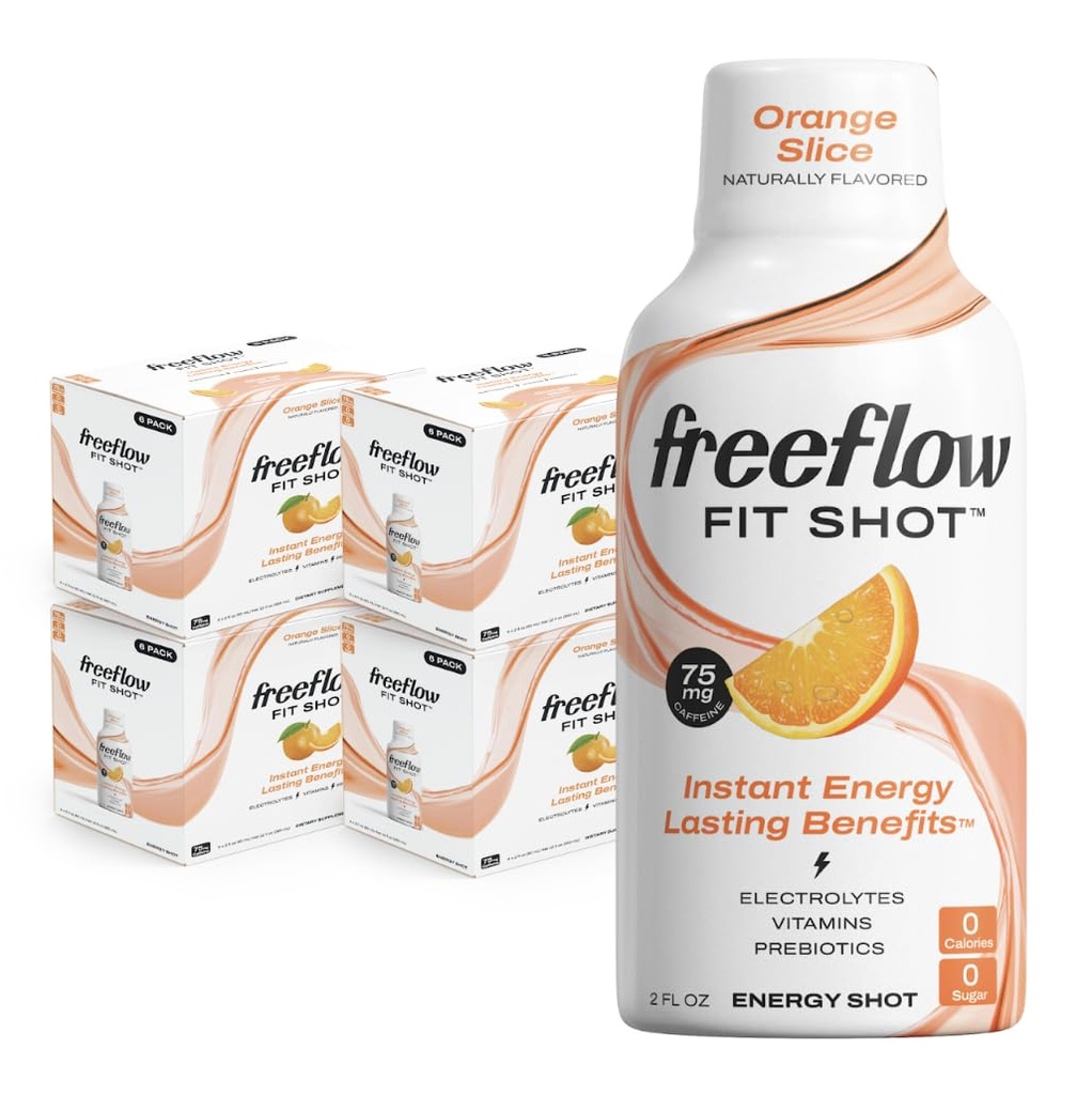 Freeflow Fit Energy Shots, Orange Slice, Natural Caffeine Boost s L-teanínom, Ženšen, Vitamíny, Prebiotiká, Elektrolyty (24 počet, 2oz Shots)