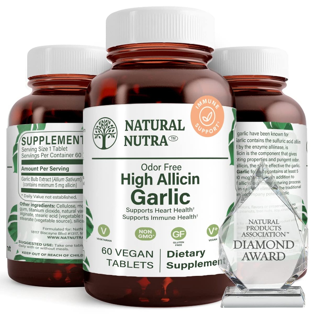 Natural Nutra High Allicin Cesnak Supplement, podporuje imunitný systém, zlepšiť zdravie srdca, zlepšiť enzýmy zdravie, lepšie trávenie, bojuje studená a chrípka, Vanilkový povlak, 500mg, 60 Vegan tablety