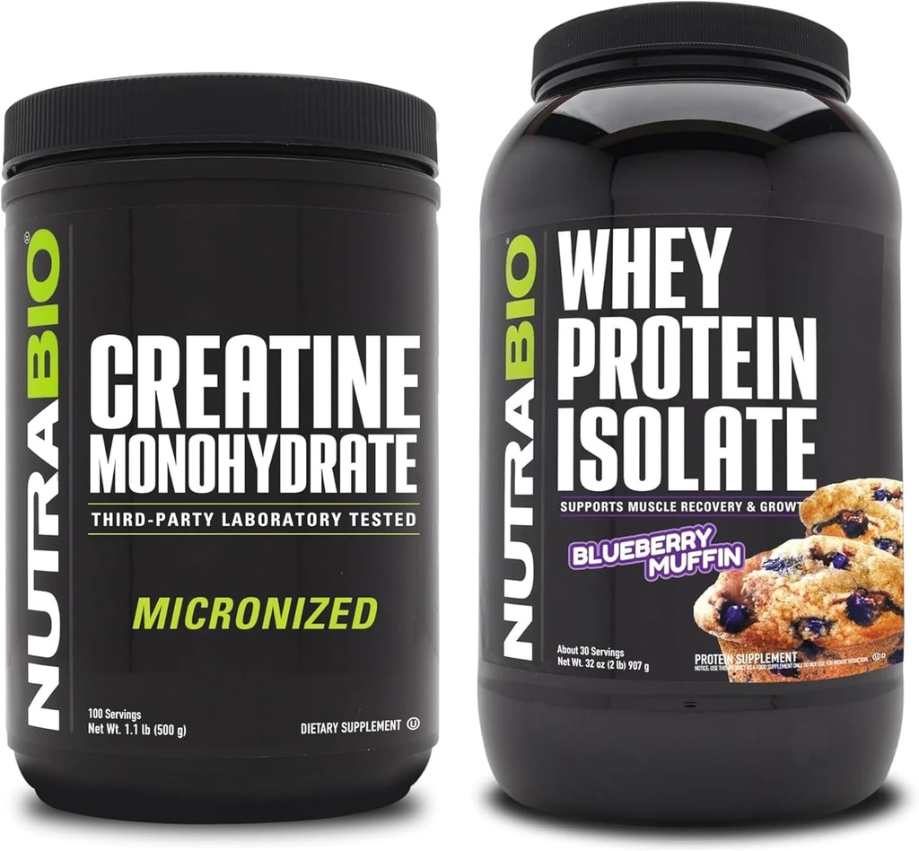 NutraBio Creatin Monohydrát, Neochutený, 500g a srsť proteín izolát, čučoriedkové muffin, doplnok Bundle - svalová energia, Lean svalového rastu, zotavenie, a sila