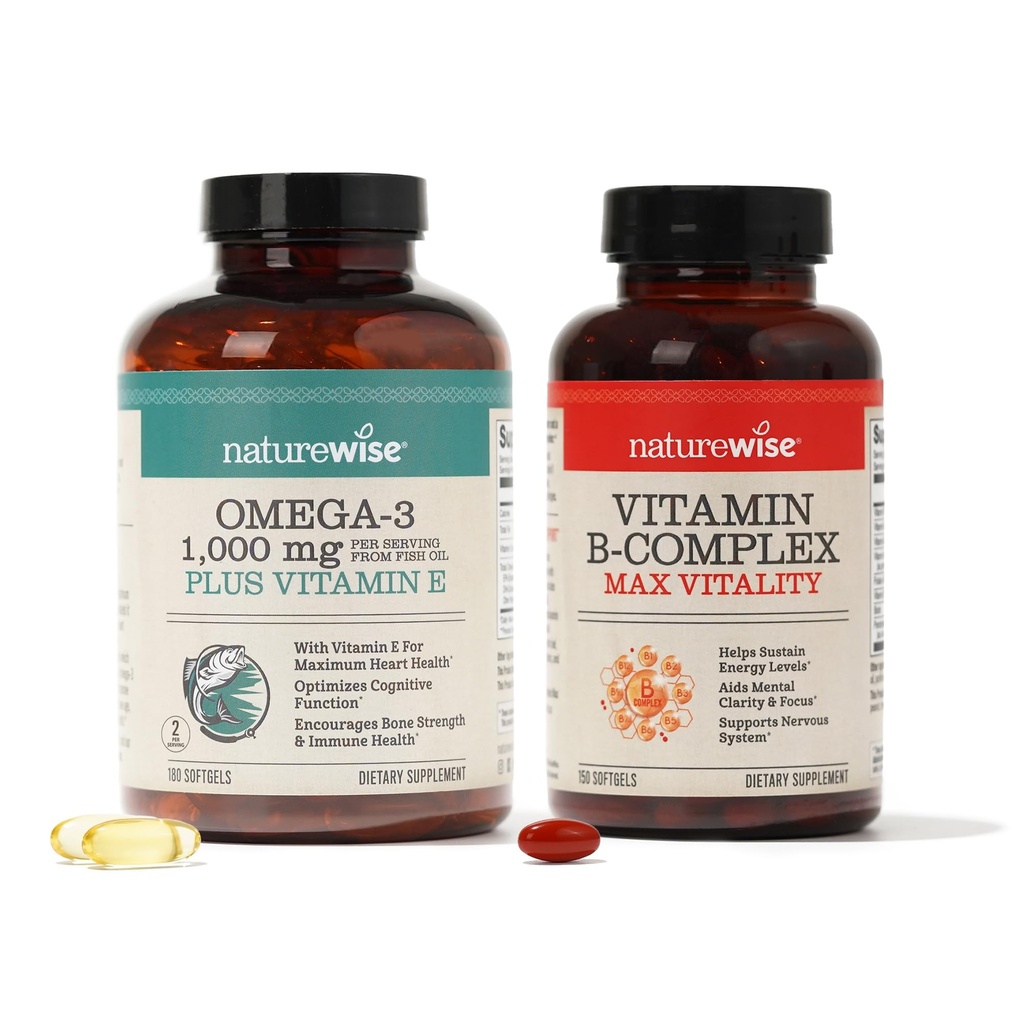 NatureWise 1000mg Omega 3 600mg EPA 400mg DHA s vitamínom E 180ct & Vitamín B komplex pre ženy a mužov 150 Softgels[5-Month Supply]