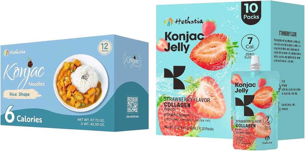 Hethstia Konjac Jelly Jahodová príchuť s kolagénom Peptidy 10 balení a Konjac Ryža bez lepku 12 balení s nízkym obsahom kalórií, Keto, bez cukru, zdravé potraviny