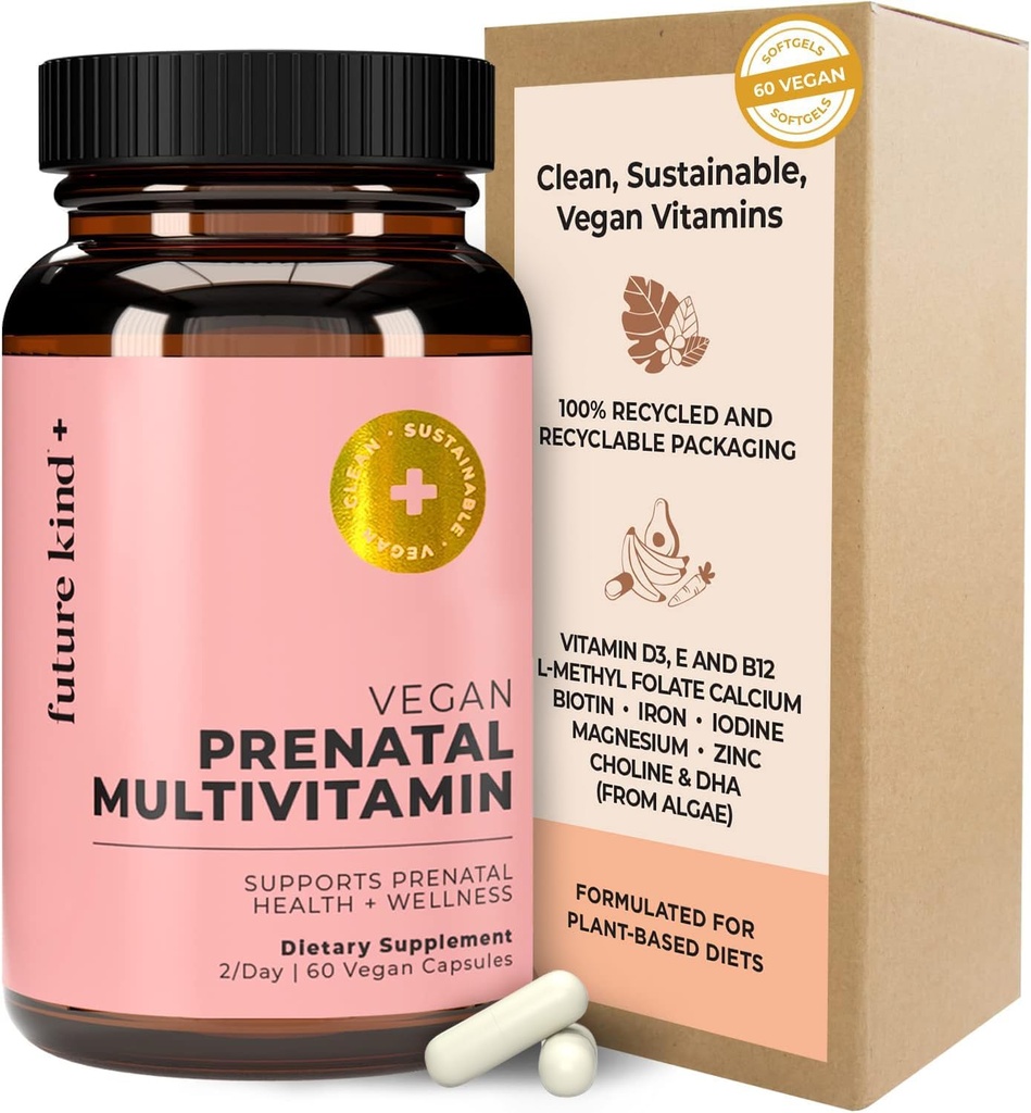 Future Kind Vegán prenatálny vitamín s DHA a L-metylfolátom v sklenenej fľaši - prenatálne folátové doplnky pre ženy s vitamínom D & E, železom a biotínom - bez lepidla, bez GMO (60kt)