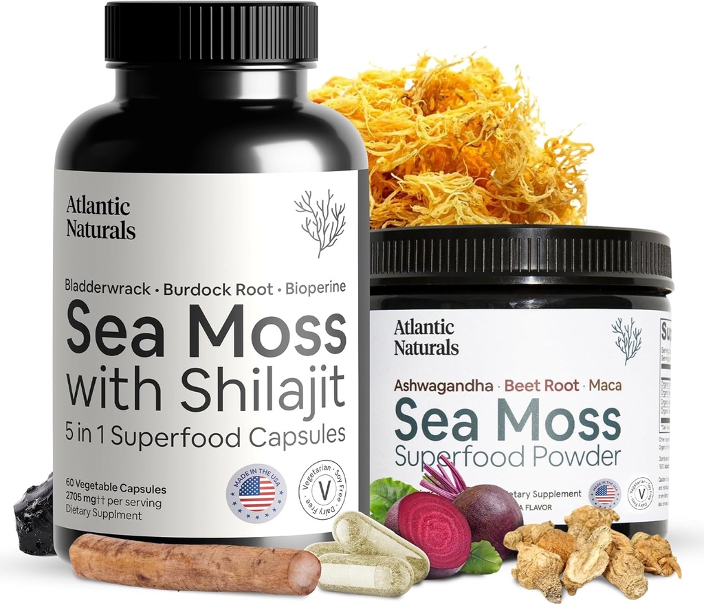 Atlantic Naturals Sea Moss Superfood Bundle - Sea Moss s 5-in-1 Kapsule a morský Moss Powder s Ashwagandha, Beet Root & Maca Root - Enhanced Vitality, Skin & Atletic Support 60 ct & 150g