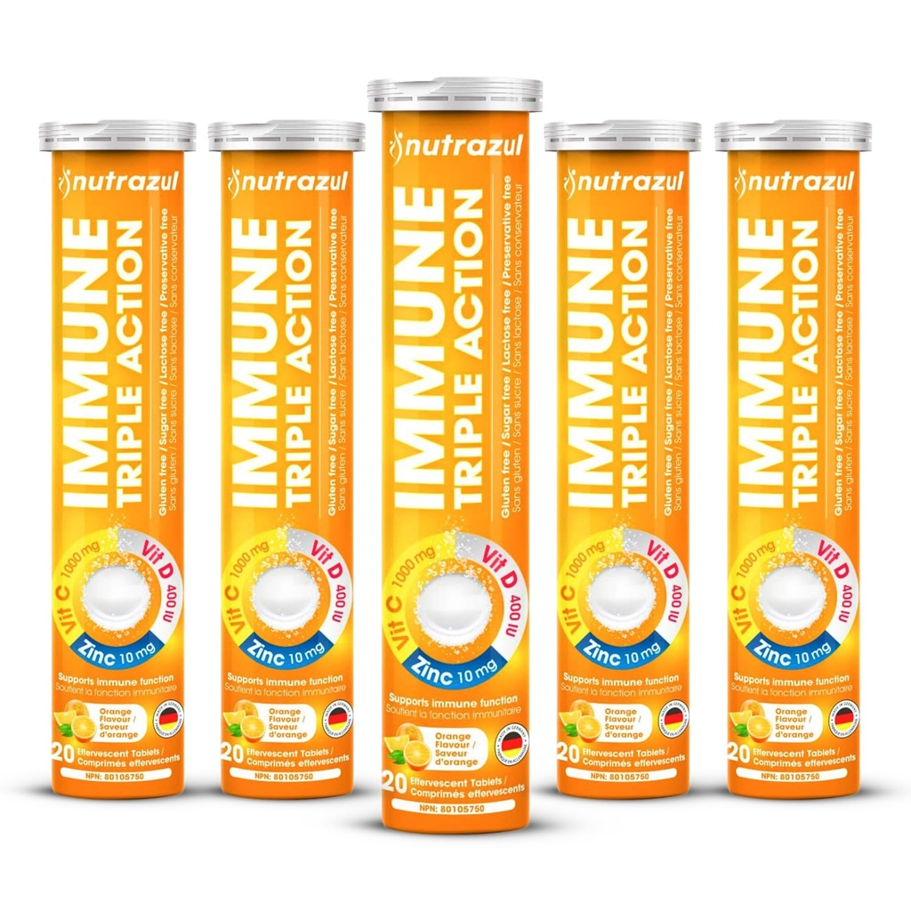 nutrazul Immune Triple Action Šumivé tablety s vitamínom C 1000 mg, vitamínom D, zinkom, podpornou dennou rutinou, bez lepidla, bez cukru, bez laktózy, Orange flavor, 20 tabliet (Stock of 5x20)