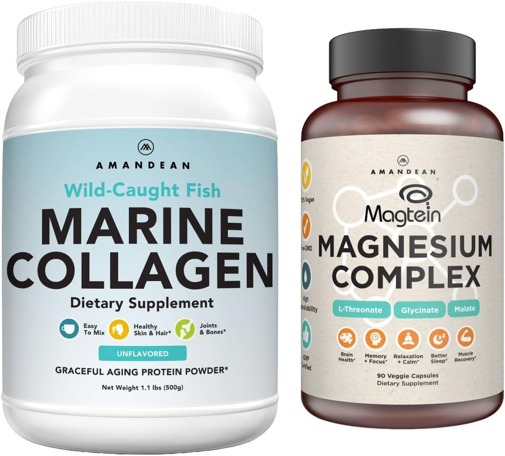 AMANDEAN Premium Magnézium Complex & Marine Collagen Bundle. Glycinát a malát s vysokou absorpciou horčíka. Hydrolyzovaný rybí kolagénový proteín zachytený vo voľnej prírode. Podpora kvalitného spánku, pokožky a nálady