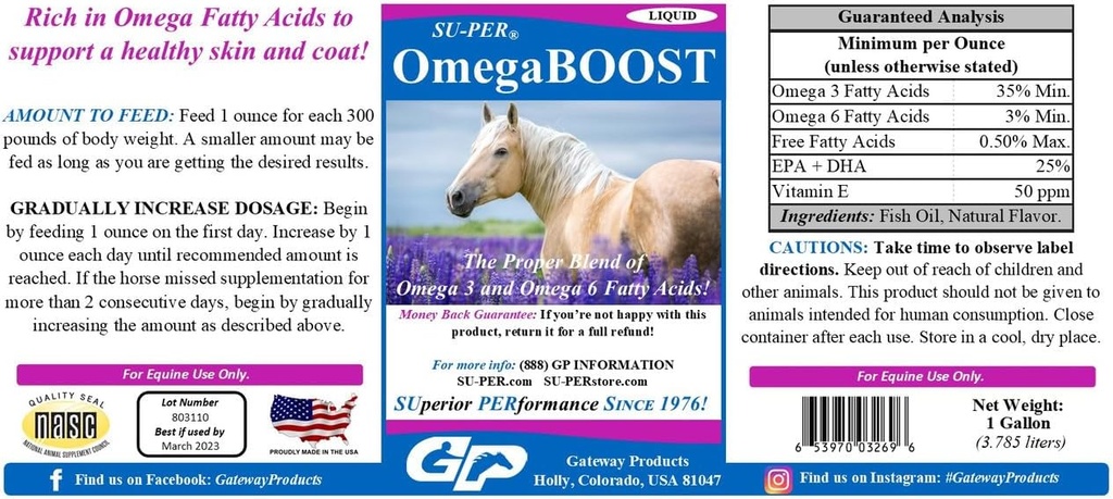 SU-PER OmegaBOOST rybí olej pre kone - Premium Omega 3 a Omega 6 mastné kyseliny doplnok - podporuje zdravú pokožku a kabát - 1 Gallon