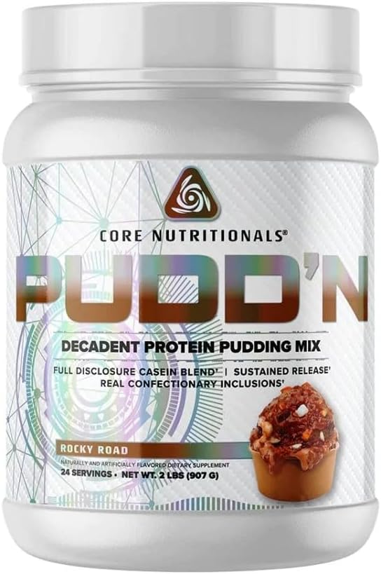 Core Nutritionals Pudd'n, Decadent Protein Pudding Mix, Full Releasement Casein Blend, Trvalé uvoľnenie, 20G Protein, 27 Servings (Rocky Road, 2 lb)