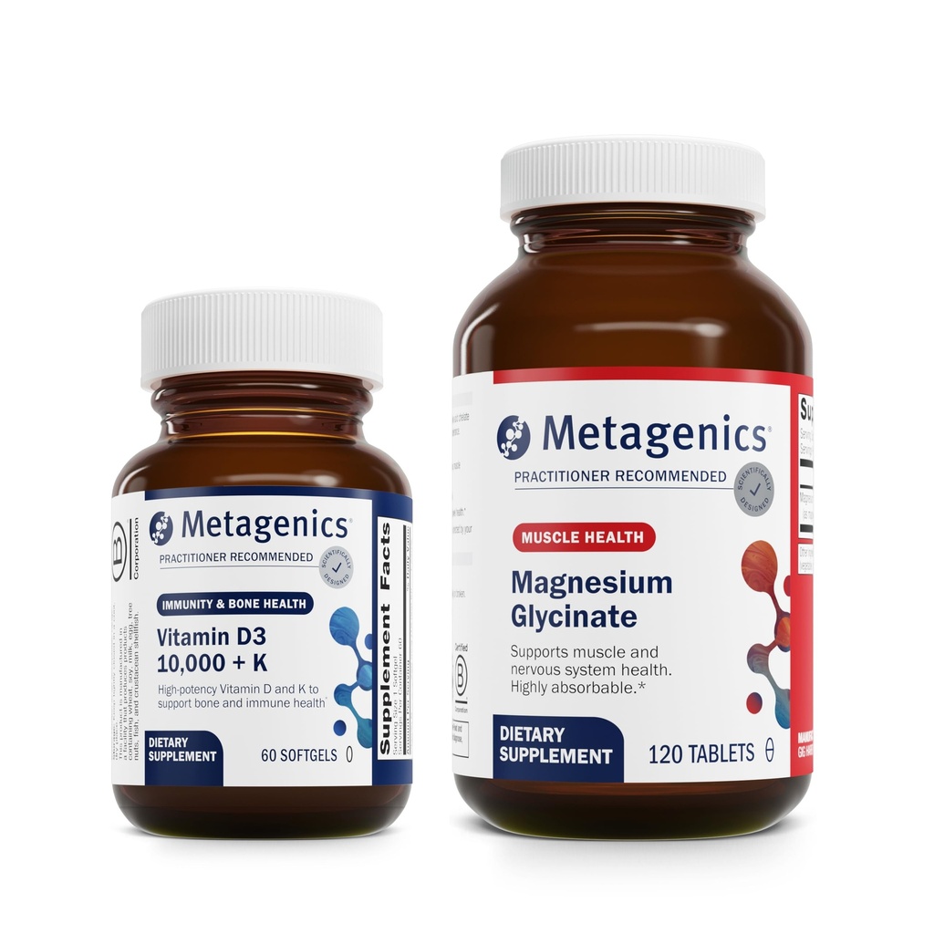 Metagenics Bundle - D3 10 000 + K & Magnézium Glycinate - 60 Softgels of D3 for Immune Support, Bone Health & Heart Health* - 120 Tablets of Magnézium Glycinate for Nervisive System Support