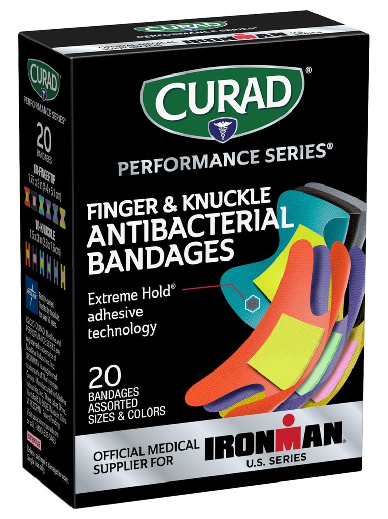 CURAD Performance Series IRONMAN Antibakteriálne pásy, Extreme Hold Adhesiave Technology, Finger & Knuckle Bandáže, Flexibilné tkaniny, Variabilné balenie s rôznymi veľkosťami a farbami, 20 Počet
