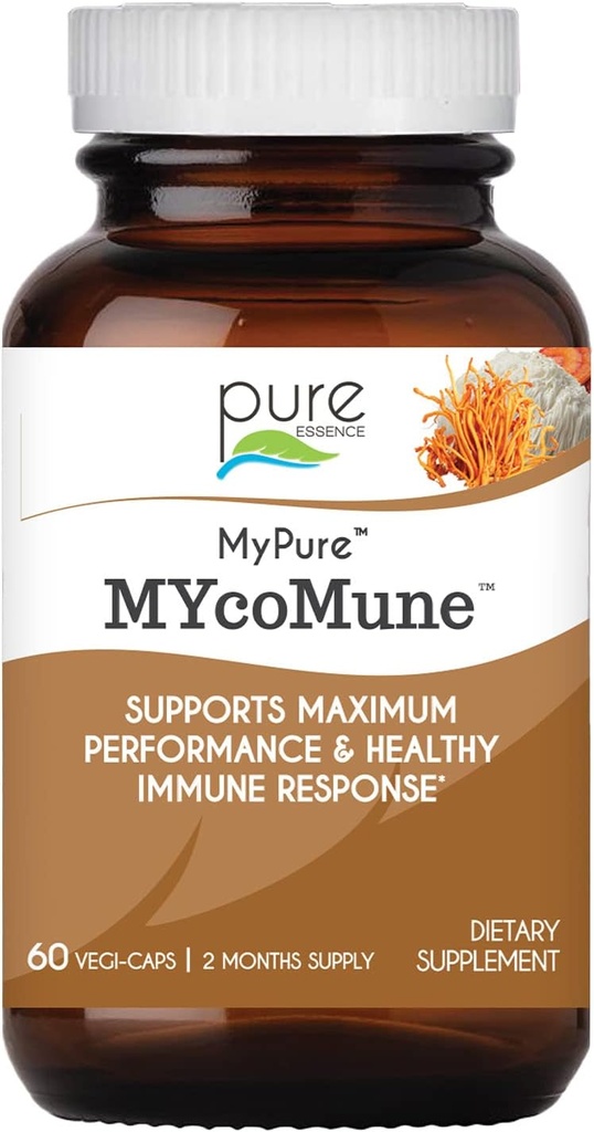 PURE ESENCE LABS MYCOMune Immune Suplement - Concentrated Organic Mushroom Powder Extract - Reishi, Lion's Mane, Cordyceps, Chaga, Shiitake, Maitake - 60 Caps