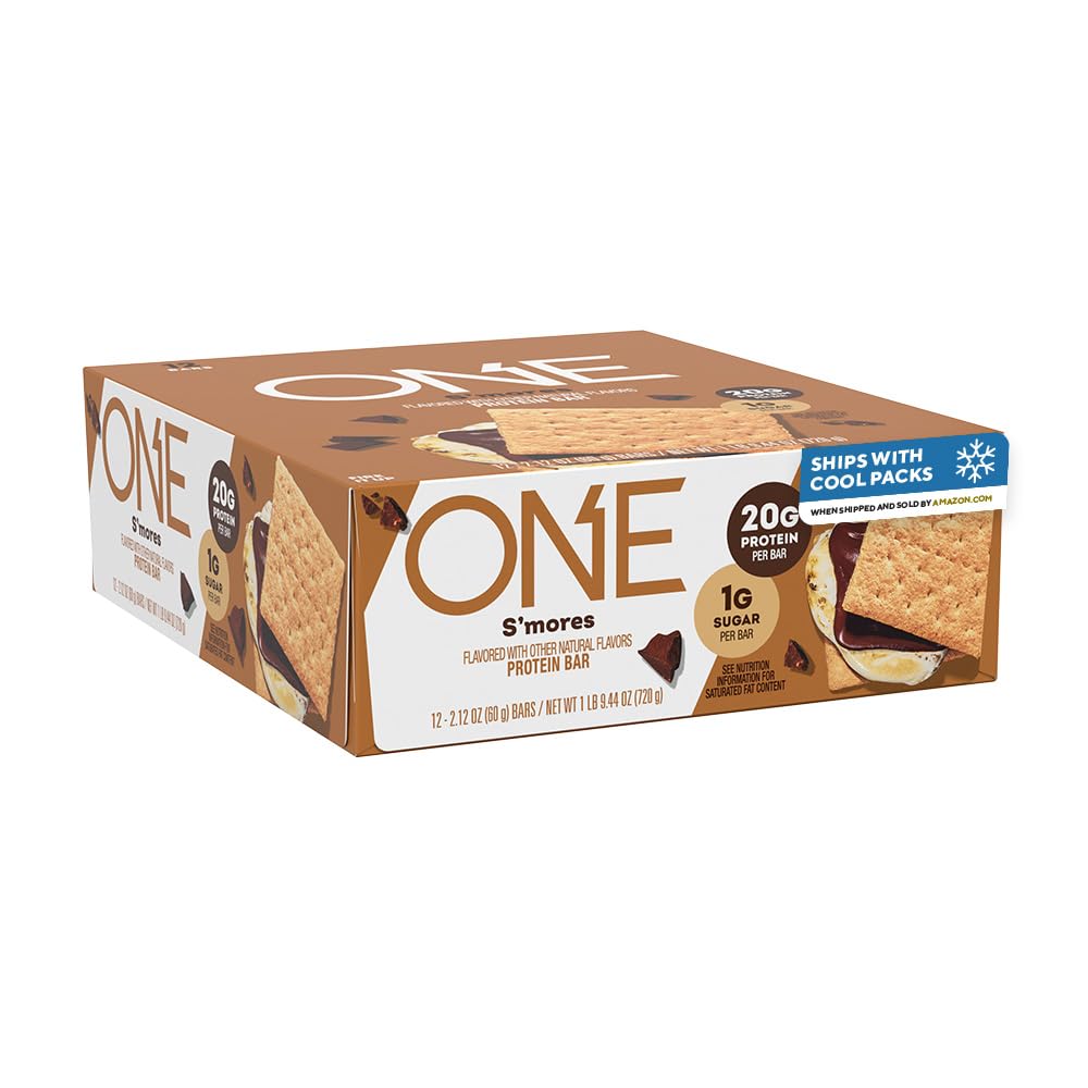 ONE Protein Bars, Smores, Gluten Free with 20g Protein and 1g Sugar, Pantry Staples, 2,12 oz (12 count), Packaging May Vary