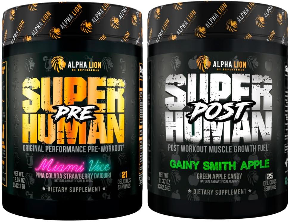 ALPHA LION Superhuman Pre Cvičenie Powder & Post Cvičenie zotavenie Bundle (Miami Vice & Gainy Smith Apple)