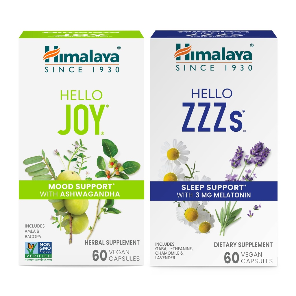 Himalája Ahoj radosť s Ashwagandha pre zlepšenie nálady a duchov & Hello ZZZs s Melatonin pre podporu spánku, 60 Kapsule Each - Bundle