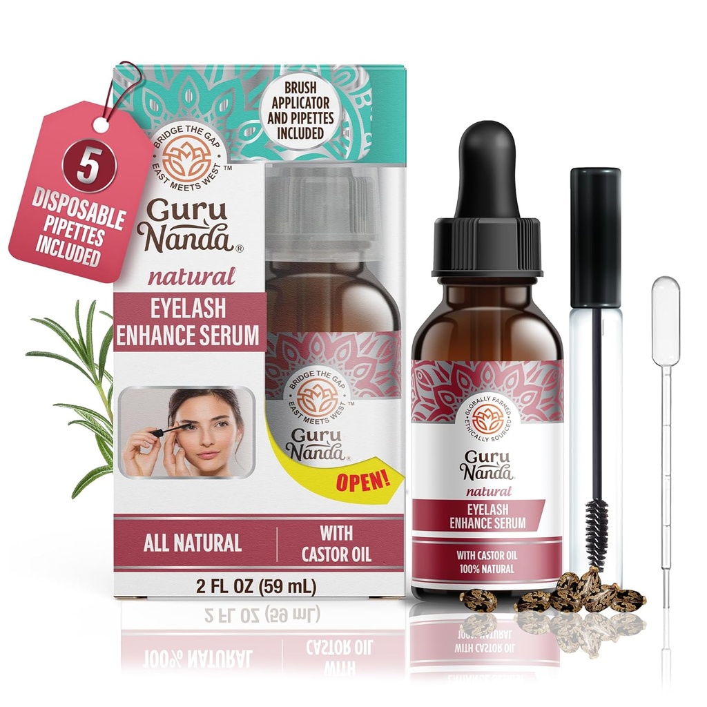 GuruNanda Natural Castor Oil Lash Zvýšiť sérum s rozmarínovým olejom - kefka Applicator & 5 Pipettes, pomáha Prírodný rast vlasov pre obočie a medvede, 2 Fl Oz