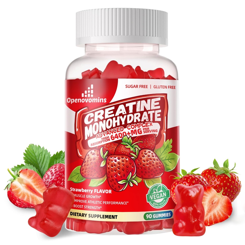 Kreatinový monohydrát Komplex Gummy pre mužov a ženy - Advanced Formula W/L-Taurine + vitamín B12, bezcukrový chuťový doplnok,90 Jahodové Gummy