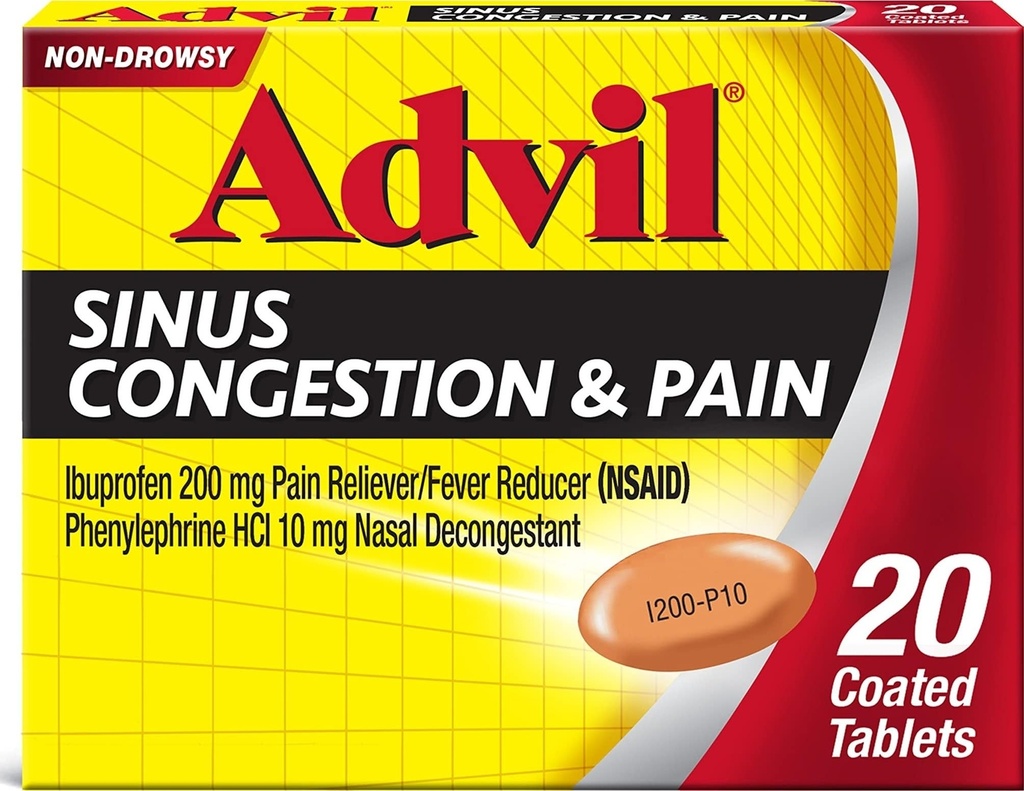 Advil Sinus Kongescia a bolesť, Sinus Relief medicína, bolesť Reliever a horúčka Redukcia s Ibuprofen a fenylefrín HCl - 20 obalené tablety