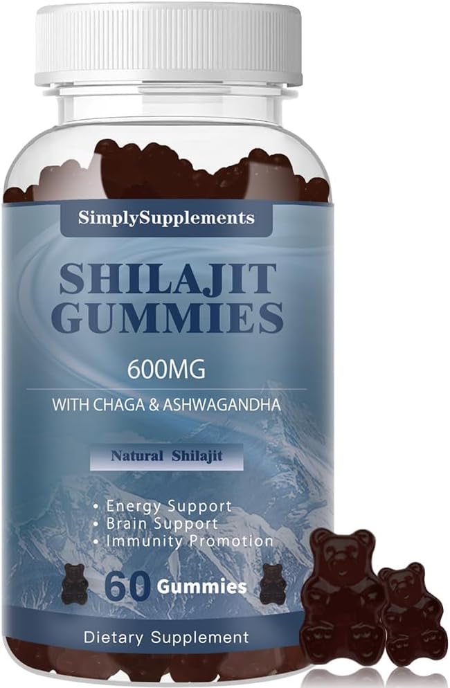 Shilajit Gummy s Ashwagandha a Chaga pre mužov a ženy - Shilajit doplnok s stopové minerály a Fulvic kyselina pre energiu a imunita podpora, 60 Gummies