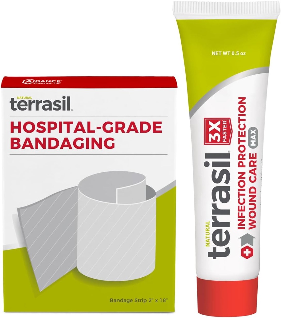 Terrasil Wound Care First Aid Kit: Zdravotnícka bandáž a rana Liečebná masť, Ochrana pred infekciami pre Bed Sores, Tlakové bolesti, Ulcers, Blistre, Rezy. Dermatológ-testovaný (0,5oz, 2"x18" Bandage)