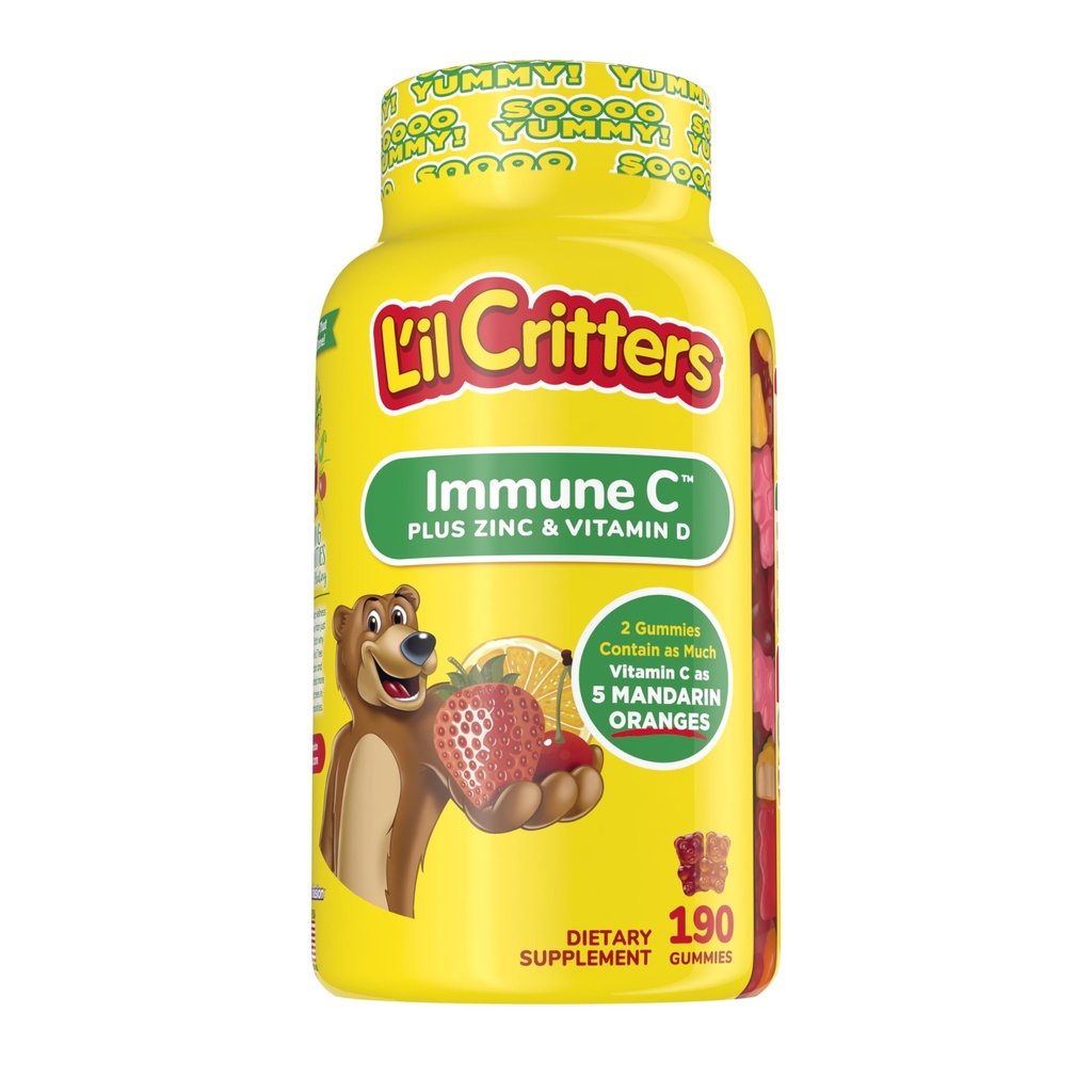 L'il Critters Kids Immune C Gummy Supplement with Vitamin C, Zinok a vitamín D3 for Immune Support, 190 ct (95-190 day zásob), 4 lahodné príchute z Ameriky a číslo jedna Gummy vitamín Značka