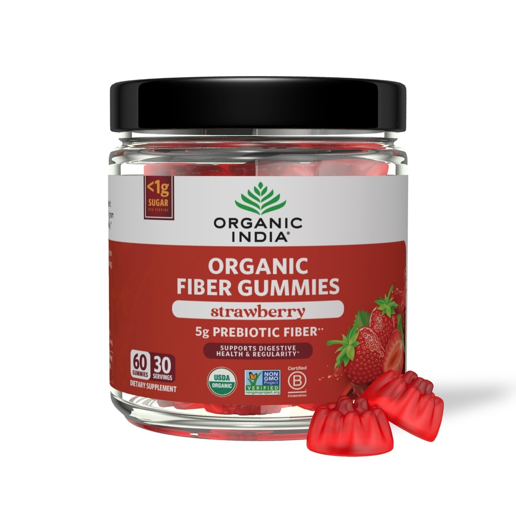 ORGANICKÉ INDIA Fiber Gummy pre dospelých - Prebiotické vlákno, Dietary Supplement, Tráviace zdravie pre mužov a ženy, Vegan, nízky cukor, non-GMO - Strawberry, 60 Gummies