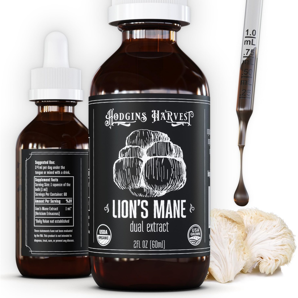 Hodgins Harvest Organic Lion's Mane Fruiting Body Extract Tinture - Huba Supplement for Brain Health and Mental Focus - Dual Extract Formula - Extra Concentrated - 2 fl oz fľaša
