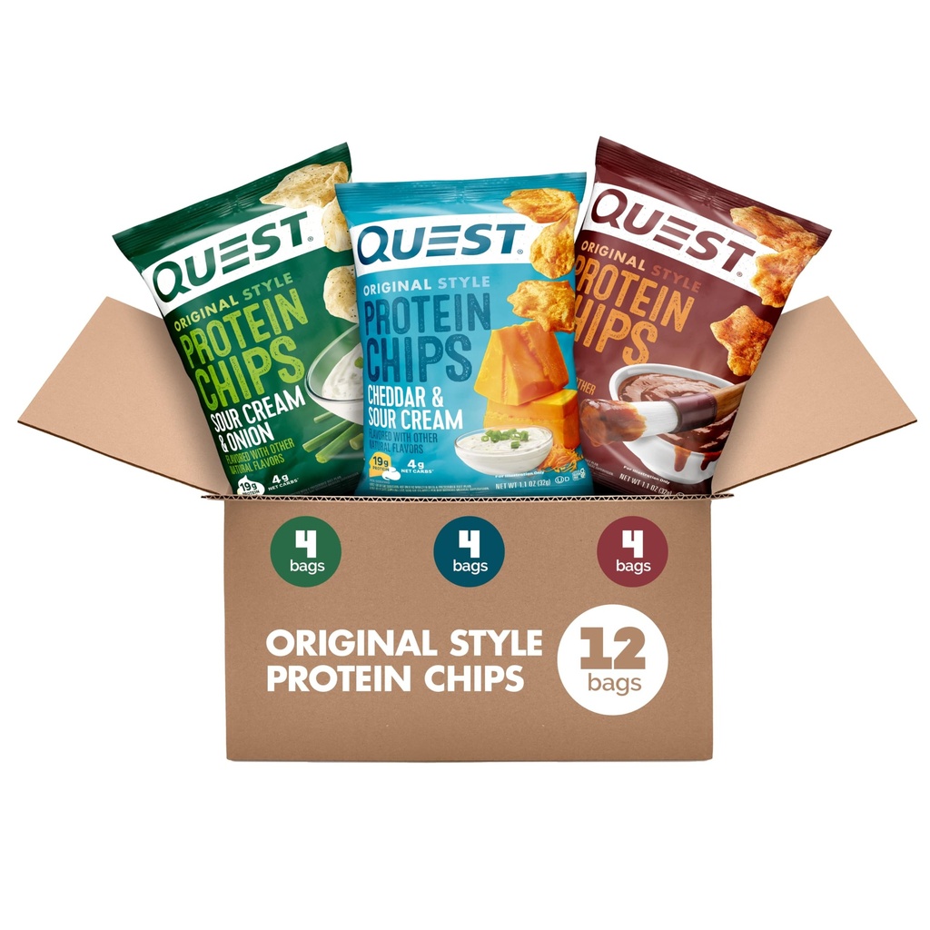 Quest Nutrition Protein Chips Variety Pack, BBQ, Cheddar & Kyslý krém, Kyslý krém & Cibuľa, vysoký proteín, Nízky Carb, 1,1 oz (Pack of 12)
