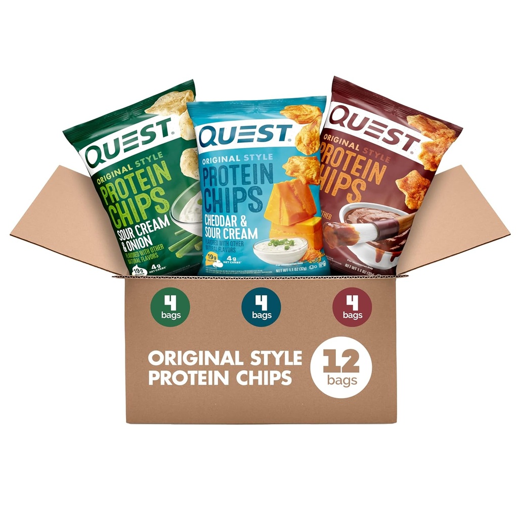 Quest Nutrition Protein Chips Variety Pack, BBQ, Cheddar & Kyslý krém, Kyslý krém & Cibuľa, vysoký proteín, Nízky Carb, 1,1 oz (Pack of 12)