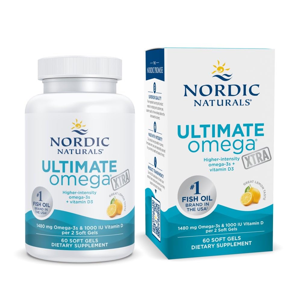 Nordic Naturals Ultimate Omega Xtra, Citrónová príchuť - 60 mäkkých gélov - 1480 mg Omega-3 + 1000 IU vitamín D3 - EPA & DHA - mozog, srdce a imunitné zdravie - 30 porcií