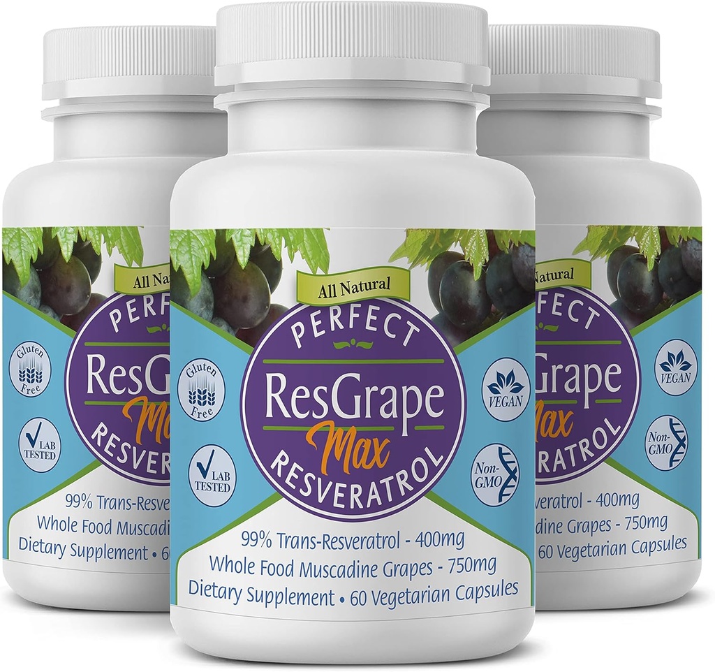 Perfect ResGrape Max, 60 zeleninových kapsúl vo fľaši [Pack of 3] ~ 99% Trans-Resveratrol & Muscadine Grape ~ Anti-Aging Supplement & Potent Antioxidant