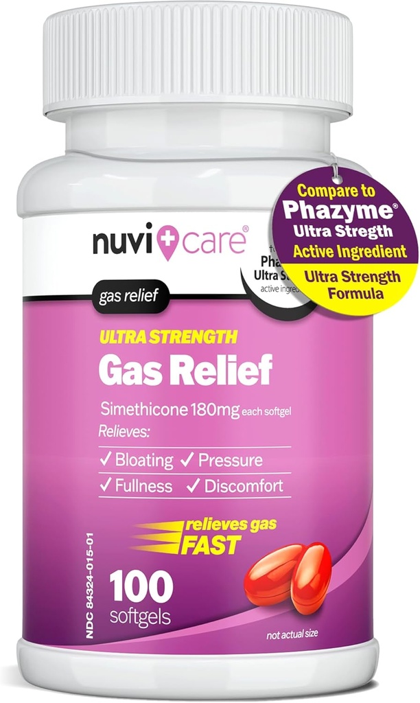 Ultra Strength Gas Relief - Simeticone 180mg Softgels - Antiplyn a Bloating Relief - V porovnaní s aktívnou zložkou v Phazyme Anti Gas Pills - Žalúdočný plyn Relief pre dospelých (100 Počet)