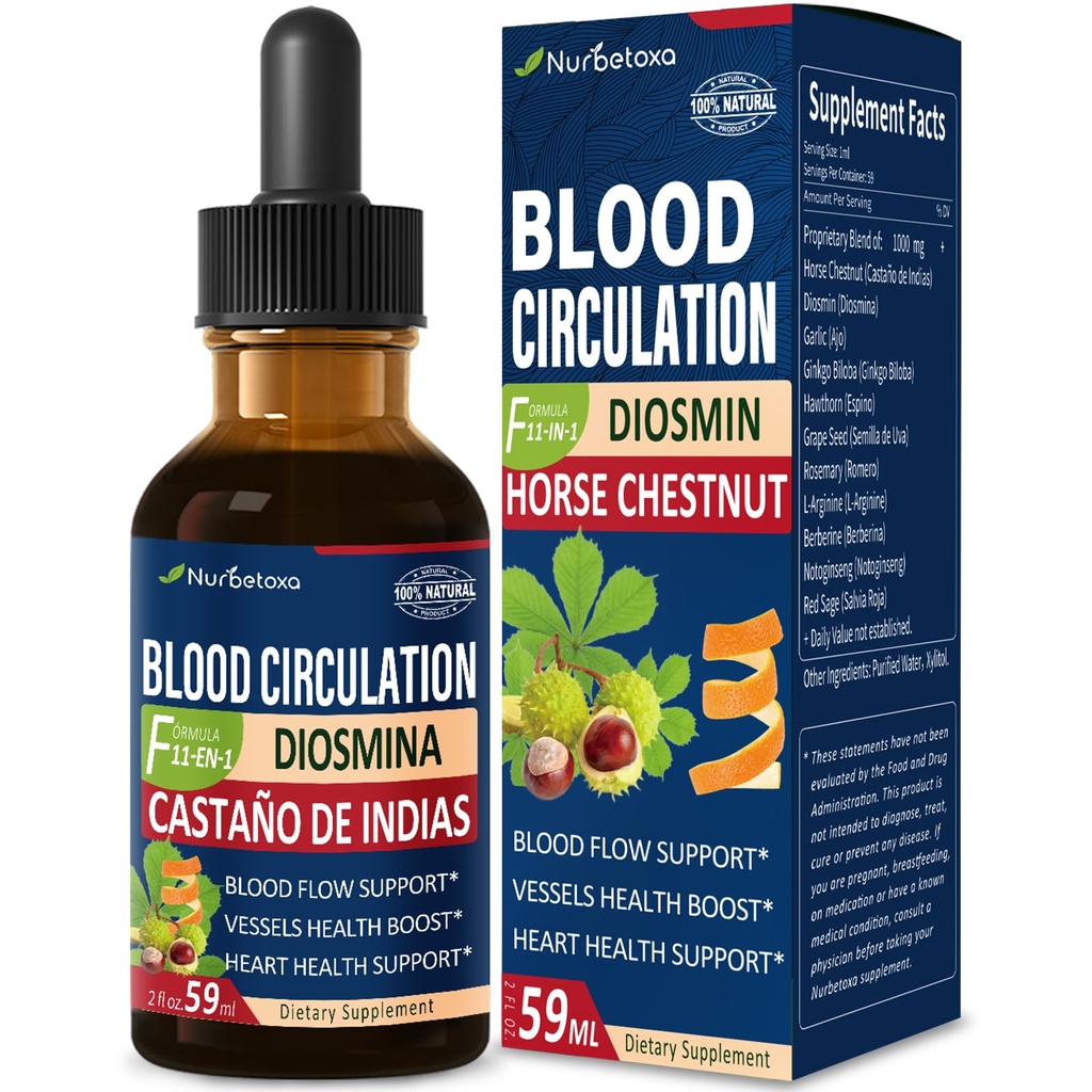 Krvné obehové kone Chestnut Extract Tekuté kvapky, Castaño de Indias y Diosmina para la Circulacion y Variaces, Nitric Oxide Supplement for Blood Flow, Pressure & Heart Health.2 oz
